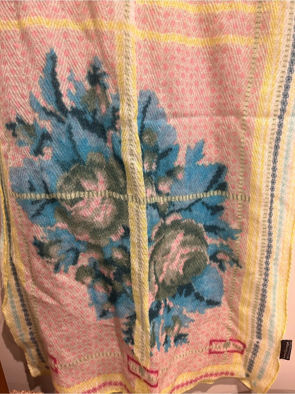 Anna Kaszer Paris 100% Chevron Relief Wool Scarf Pashmina Wrap Floral Long Artsy